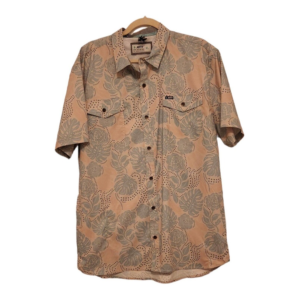 Jetty marine supply Company Shirt ￼Men’s XL Blue Tan Floral Casual Fishing Surf
